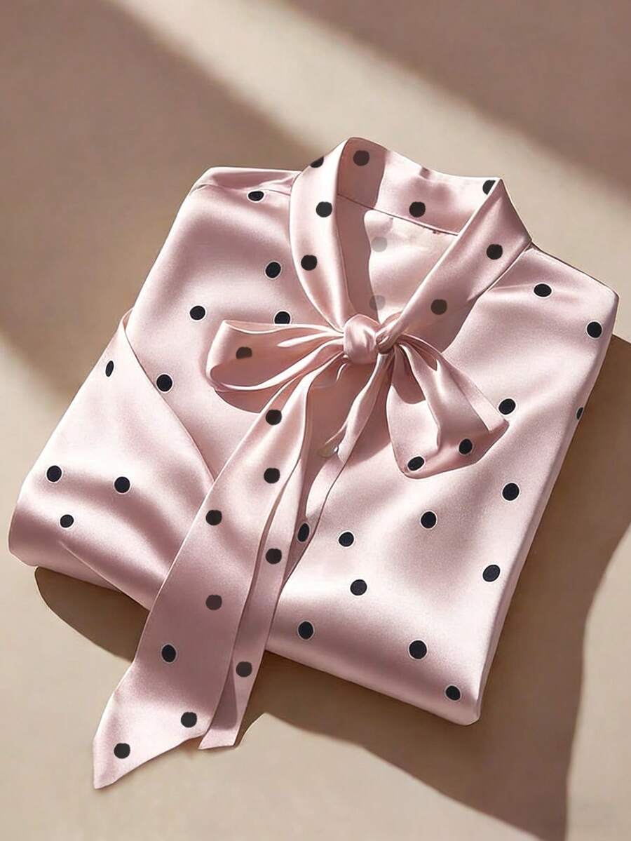 Áo sơ mi satin chấm bi thiết kế độc đáo, cổ nơ, tay loe, kiểu dáng thanh lịch sang trọng, ôm sát, thích hợp cho nữ công sở, màu hồng xuân. - Hồng - Xem 1