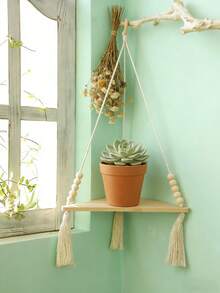 1pc Beige Bohemian Style Triangle Corner Hanging Wall Shelf, Layered Floating Display Rack, Rustic Minimalist Design With Tassel Details, Space-Saving Storage Organizer Suitable For Living Room, Bedroom, Bathroom, Kitchen, Apartment, Dorm, Plant Display, Bookshelf, Home Decor - Beige - View 9