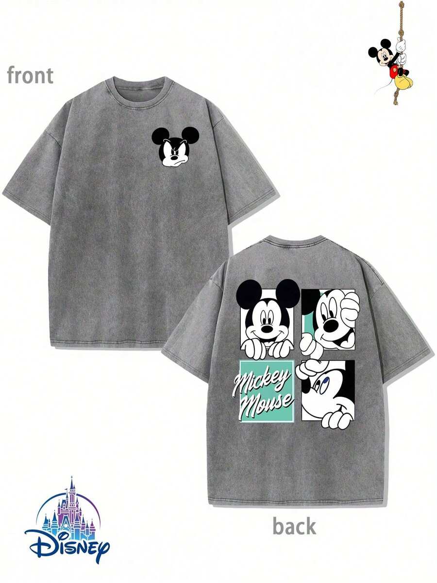 Disney Official Licensed Mickey Mouse Playful 4-Panel Collage Print Vintage Wash 230g Cotton Crew Neck Unisex Tee - Xám - Xem 1