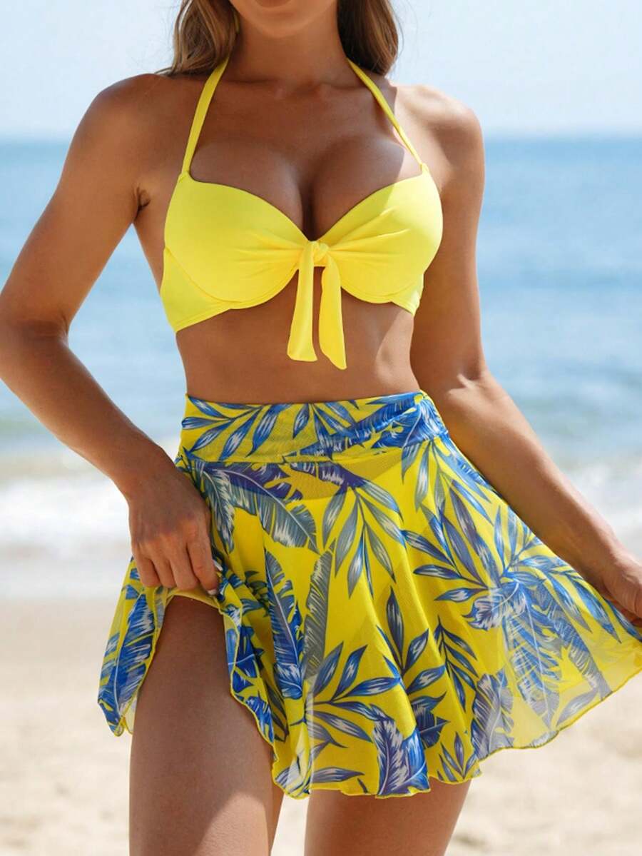 女士纯色硬杯钢托比基尼三件套,搭配印花网纱裙 - 彩色 - 查看 1