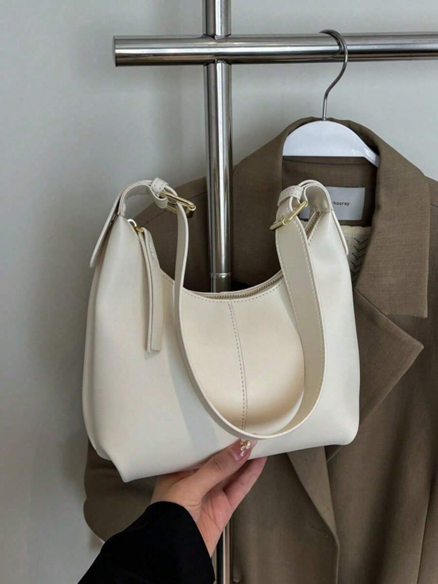 1pc Minimalist Design PU Solid Color Fashionable Versatile Soft Shoulder Bag, Mini Underarm Bag Handbag For Women - White - View 1