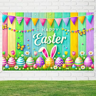 复活节欢乐与希望涤纶横幅，多功能庆典背景，100%涤纶面料，多种颜色可选，适用于室内外庆典活动、派对、庭院、工作室、家居和花园装饰。多种款式和尺寸可供选择。