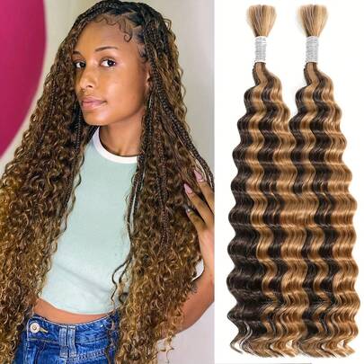 Cabello trenzado para peinados bohemios, 100g de cabello humano resaltado a granel para trenzar, mechones de cabello humano ondulado y rizado en color ombre, cabello humano ondulado y húmedo para trenzas bohemias sin trama, 2 mechones de 16 pulgadas en color 4/27