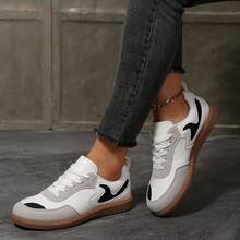 Women's Spring/Summer New Lace-Up Patchwork Sneakers, Round Toe Flat Casual Shoes - White - View 4