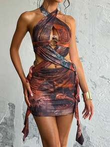 Vestido de verano WOWDARK, vestido ajustado elegante con estampado, escote calado y volantes con lazo en la cintura para mujeres, adecuado para carnaval, citas, reuniones, fiestas, viajes, vacaciones, playa y otras ocasiones - Marrón - Ver 3