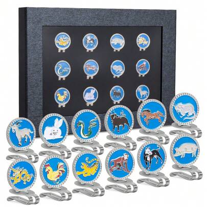  Caiton 12pcs Zodiac Golf Hat Clip Gift Set - High-Quality Zinc Alloy Material, Magnetic Design, Traditional Chinese Zodiac Culture, Perfect Golf Accessory, Suitable For Men, Fathers, Husbands, Grandfathers, Birthdays, Christmas, Father's Day And Retirement Gifts, A Fun And Essential Accessory For Golf Practice And Competition.