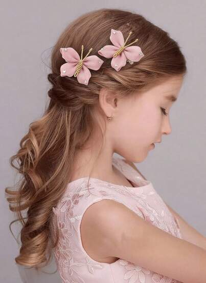 2pcs Girls' Pink Rhinestone Butterfly Hair Clips Set, Daily Decor