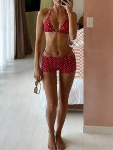 Women's Vacation Style 2 Piece Bikini Set.Red Base White Dots Halter Triangle Cups Cutout Shorts Great For Beach Photoshoots  Girls' Trips - 紅色 - 查看 4