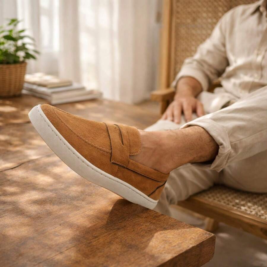 Men's Black Suede Loafers With White Sole - Casual, Stylish, Modern - 駝色 - 查看 1