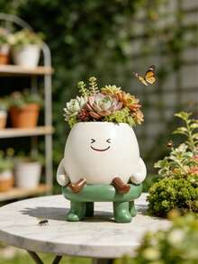 1个可爱树脂多肉植物盆，卡通人物造型 - 迷你桌面花盆，适合室内家居办公室装饰，非常适合小型多肉植物、仙人掌和空气凤梨，可放置于书桌、书架或窗台上，为您的绿植增添一丝趣味，是送给植物爱好者和孩子们的绝佳礼物 - A - 查看 3