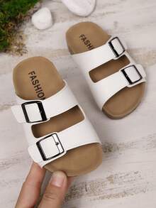 Summer New Kids Anti-Slip Soft Bottom Double Buckle Minimalist Fashion Flat Slippers Beach Sandals, Suitable For Beach Vacation - White - View 5
