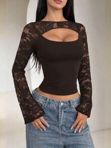 VIVINA 女士春夏时尚休闲蕾丝拼接镂空圆领上衣，适合外出、街头风、约会、旅行、情人节、夏季日常穿着 - 巧克力棕 - 查看 1
