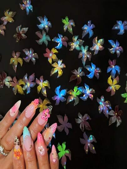 50PCS Fluorescent Hibiscus Flower Nail Art Charms 3D Two-Color Ice Flowers With Glitter Mixed Colorful Floral Diamonds Spring Summer Nail Jewelry Tiny Flowers Nail Design For Women Manicure Supplies