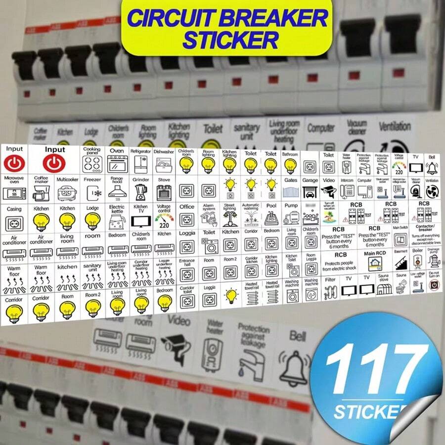 117pcs/Set Electrical Box Identification Stickers, Circuit Breaker Classification Switch Labels, Home Switch Guide, Suitable For Homeowners To Protect Family - 117 Small Stickers - View 1
