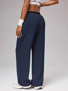 Tummy Control Wide Leg Pants | Contrast Waistband, Side Pockets | Perfect For Casual & Lounge Wear Premium Soft Wide Leg Pants | High Waisted, Relaxed Fit | Cozy & Chic For Everyday Wear Versatile Wide Leg Pants | From Yoga Mat To Coffee Run | Contrast Waistband, Side Pockets Women's High Waisted Wide Leg Pants Contrast Elastic Waistband Side Pockets Relaxed Fit For Casual Lounge Wear - 藍色 - 查看 3