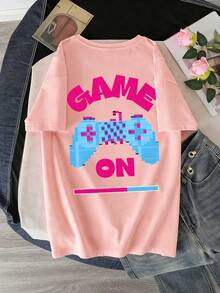 少女字母和游戏机图案圆领短袖T恤，春夏新款 - 粉色 - 查看 1