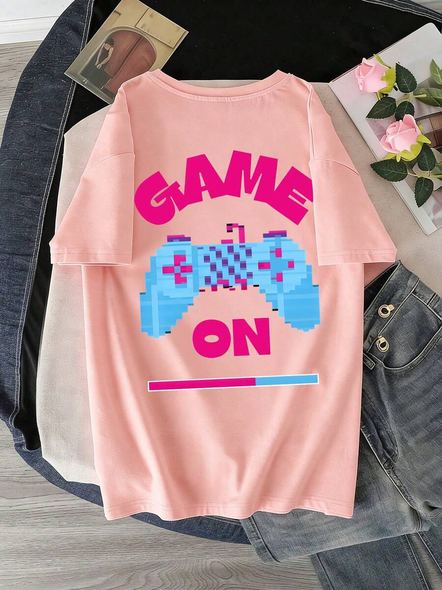 少女字母和游戏机图案圆领短袖T恤，春夏新款 - 粉色 - 查看 1