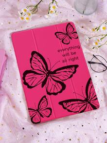 1 件装极简主义洋红色和黑色线条蝴蝶图案平板电脑保护套，标语图案，三折式平板电脑支架，防摔，带笔槽，支持睡眠/唤醒功能，兼容 10.2 英寸、Pro 2021/2020 / (A16) 11 英寸、第 11 代 2025/10 代、Galaxy Tab A8 10.5 英寸 2022、Matepad 10.4/Tab，实用且个性化的礼物 - 彩色 - 查看 2