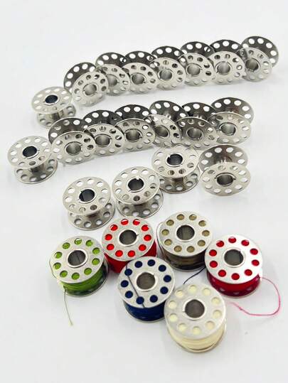 Hộp 25 suốt chỉ máy may, hộp đựng suốt chỉ và lõi cuốn chỉ bằng thép không gỉ, suốt chỉ máy may điện, suốt chỉ kim loại.