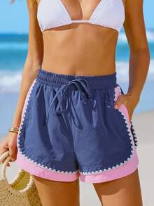 Women's Summer Vacation Swim Trunks With Contrast Color Trim, Elastic Waist Beach Wear - Navy Blue - View 1