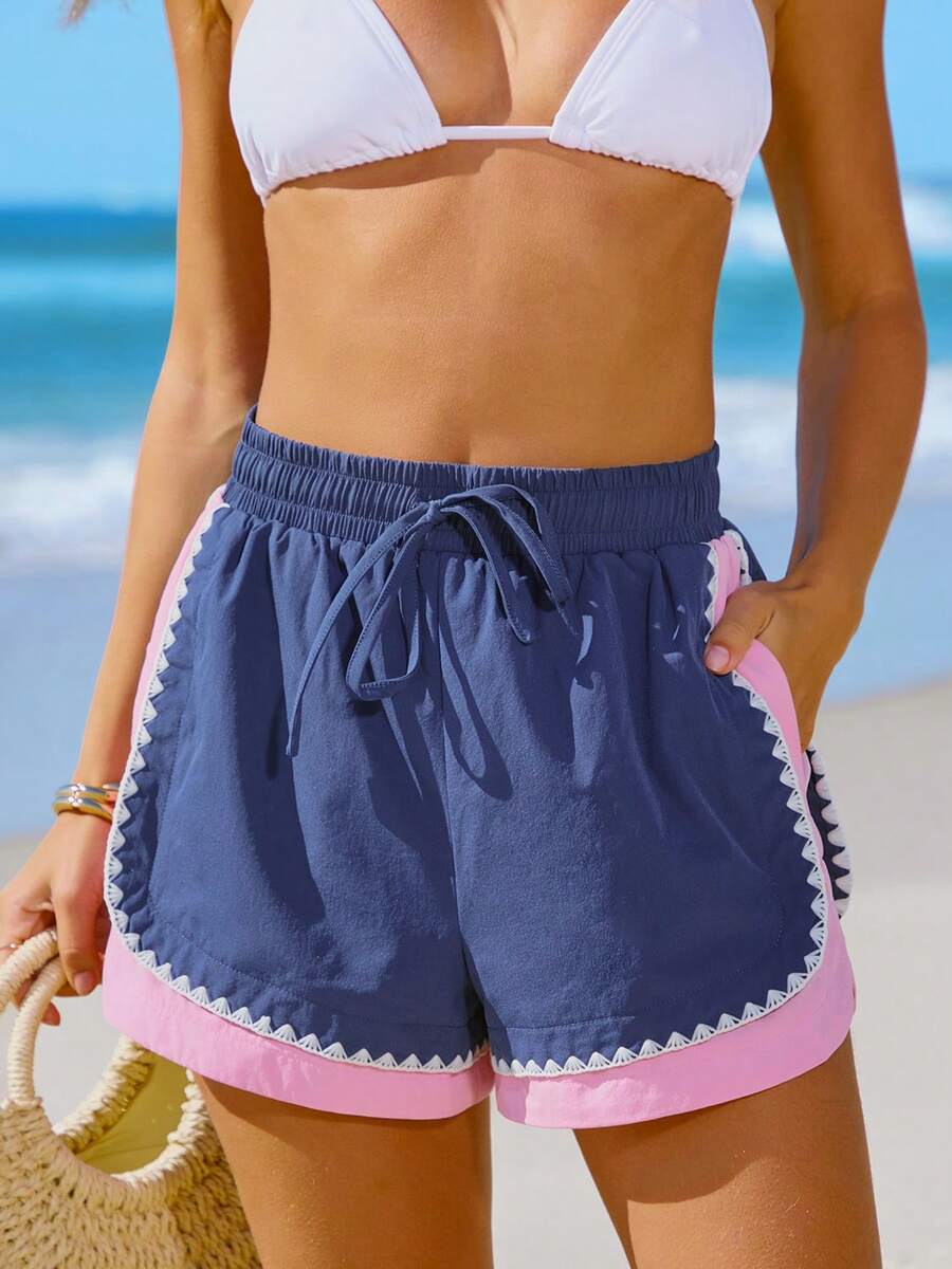 Women's Summer Vacation Swim Trunks With Contrast Color Trim, Elastic Waist Beach Wear - Navy Blue - View 1