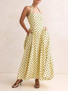 Women's Polka Dot Halter Neck Maxi Dress, Square Neck Sleeveless Backless Flared Long Dress With Pockets, Vintage Bohemian Style For Beach Vacation Casual Party, Spring Summer Elegant Occasion - Màu vàng - Xem 1