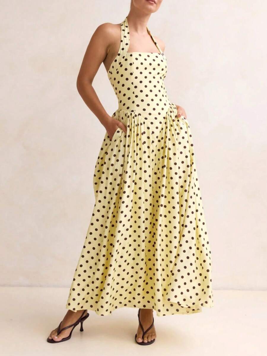 Women's Polka Dot Halter Neck Maxi Dress, Square Neck Sleeveless Backless Flared Long Dress With Pockets, Vintage Bohemian Style For Beach Vacation Casual Party, Spring Summer Elegant Occasion - Màu vàng - Xem 1