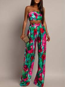 Women's Tropical Floral Print Strapless 2 Piece Outfit Crop Top & Wide Leg Pants - Hot Pink - View 4