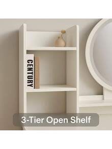 Complete Vanity Set With Matching Stool, Small Space Makeup Vanity Desk For Girls, Bedroom Vanity Table With Round Mirror, Drawers & Open Shelves Storage, Modern Pink White Set - 白色 - 查看 6