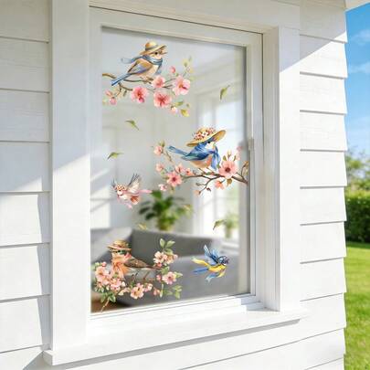 1/2 Stück Aquarell Frühlingsvogel & Kirschblüten Statische Haftfolie Fensteraufkleber, abnehmbare Glasdekoraufkleber für Zuhause, Küche, Glastür Dekoration