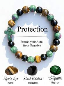 Men's Protective Cross Bracelet Natural Tiger'S Eye, Black Agate, Attract Wealth And Enhance Luck. Protection, Suitable For Everyday Wear, Bohemian Style Fashionable Jewelry Unisex - Multicolor - View 8