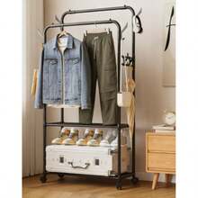 Perchero doble, colgador multiusos resistente con ruedas y ganchos laterales, fácil de montar, apto para uso doméstico, en oficinas y dormitorios. - A - Ver 2