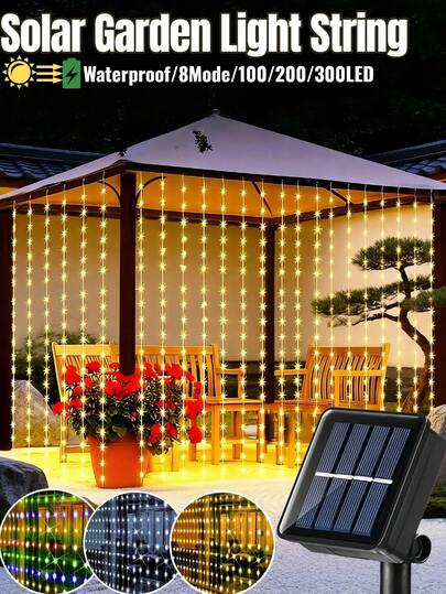 100/200/300 LED Solar Powered String Lights, 8 Lighting Modes, IP65 Waterproof Fairy Lights, Smart Sensor, Suitable For Garden, Patio, Party, Wedding, Railing, Eaves, Wall, Gazebo, Tower, Easter, Holiday Decor (Warm White, Colorful, White)