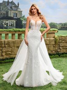 Plant Embroidery Mesh Fishtail Hem Backless Strap Wedding Dress - White - View 2