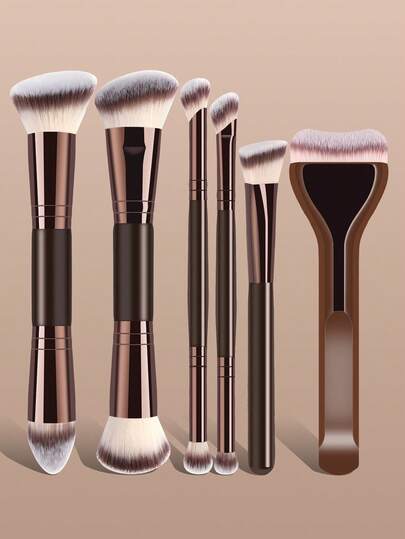6件套专业化妆刷套装，便携式旅行化妆刷，双头多功能化妆工具套装，包含粉底刷、散粉刷、腮红刷、遮瑕刷、修容刷、鼻影刷、眼影刷、细节刷、面部刷、高光刷，适合居家或旅行使用，必备化妆工具，绝佳礼品之选