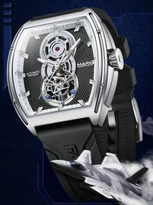 Relógio masculino automático mecânico, mostrador vazado, pulseira de borracha, relógio de pulso casual para negócios, 2 opções de cores FW-6029 - Tamanho Único - Ver 5