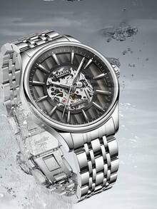 1 pieza Reloj automático mecánico de esqueleto para hombre, correa de acero inoxidable, resistente al agua 30M, reloj de vestir casual de negocios con cristal mineral FW-6022 - Unitalla - Ver 3