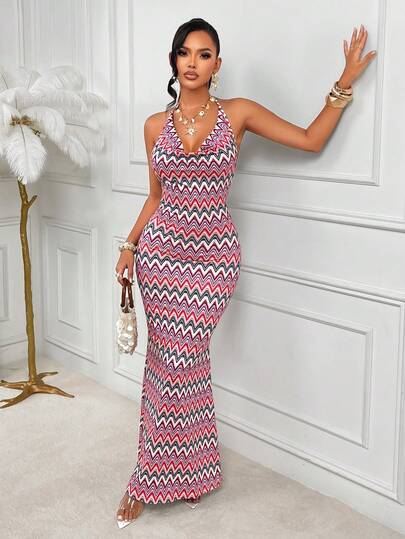 AIJ AmariloElegant Sleeveless Deep V Neck Knit Bodycon Long Dress With Backless Detail For Women Party Wear