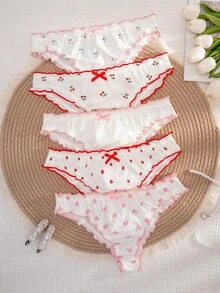 5条装 女士印花蝴蝶结荷叶边舒适比基尼内裤 - 白色 - 查看 4