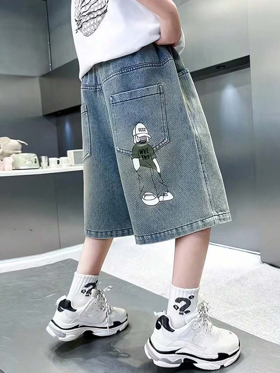 Celana Pendek Denim Kasual Motif Kartun untuk Remaja Laki-laki untuk Musim Panas - Ringan, Bernapas, dan Nyaman - Medium Wash - View 1