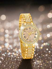 女士手表套装，时尚优雅的圆形石英表，饰有水钻，搭配同款手链，适合日常佩戴，生日礼物套装（不含礼盒） - 金色 - 查看 6