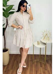 Midi Flared Shirt Dress With Mandarin Collar, High Button-Down Shirt, Linen Beach Cover-Up With Long Sleeves, Ruffled Trim, And Striped Design. - Beige - View 1