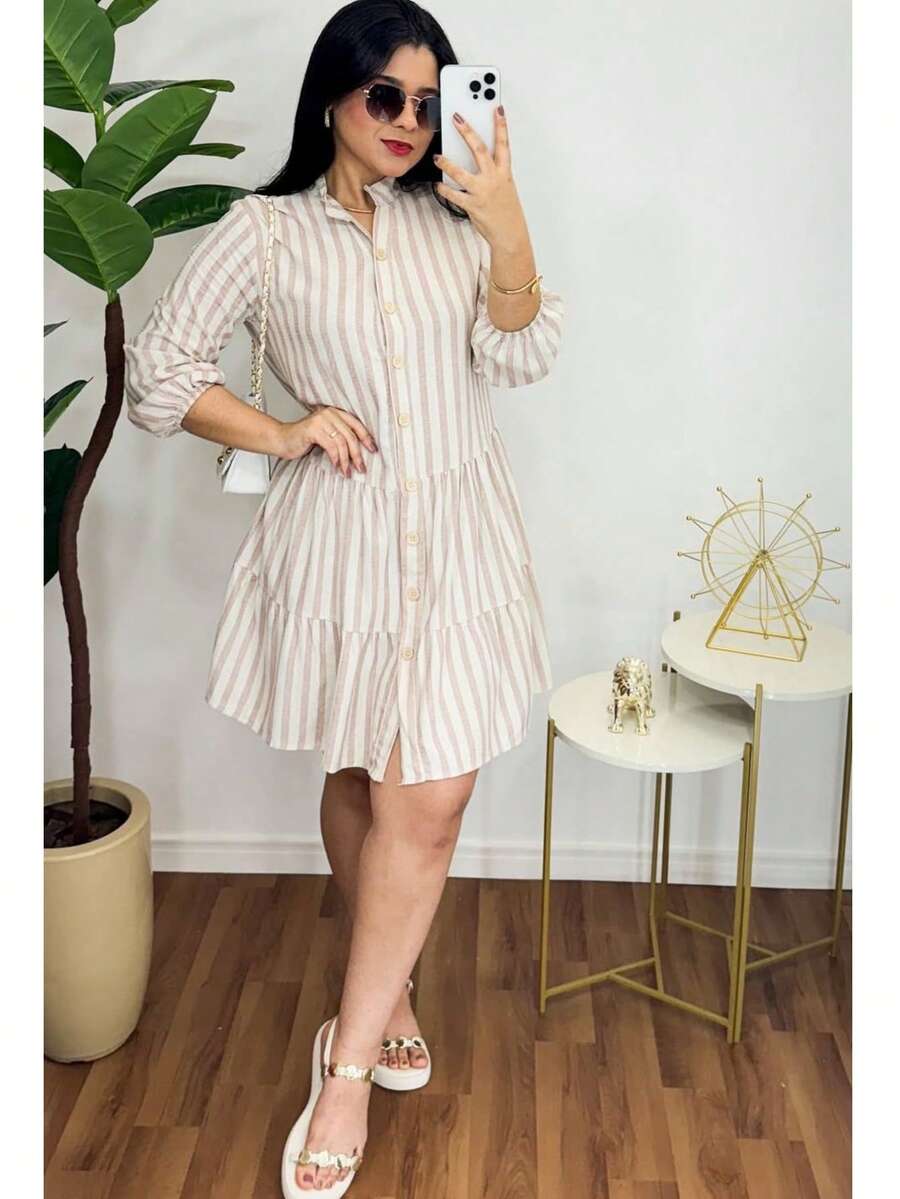 Midi Flared Shirt Dress With Mandarin Collar, High Button-Down Shirt, Linen Beach Cover-Up With Long Sleeves, Ruffled Trim, And Striped Design. - Beige - View 1