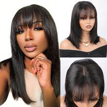 Layered Cut Straight 4X4 BOB Wig With Wispy Bangs Glueless Invisible Lace BOB Wigs Human Hair With Fringe Bangs, Pre Cut Lace Wear Go Glueless Wig Human Hair 200% Density Natural Black Wig With Bangs For Women - Natural Black - View 2