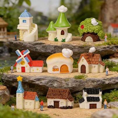 1/4/8pcs Outdoor Garden Miniature Resin House Decoration Micro-Landscape DIY Simulation Decoration Moss Micro-Landscape Landscaping Accessories, Multiple Styles Random