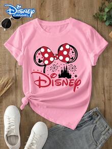 Disney Lady's T-Shirt, Featuring A Creative Cartoon Pattern Of The Disney Castle. Spring/Summer Style Women's Round-Neck T-Shirt. The Fabric Is Soft, Comfortable And Breathable, Suitable For Daily Wear, Shopping, Traveling, Parties, And When At Home. It Is Also Suitable As A Beautiful Gift. Every Lady Deserves To Own One. - 粉色 - 查看 1