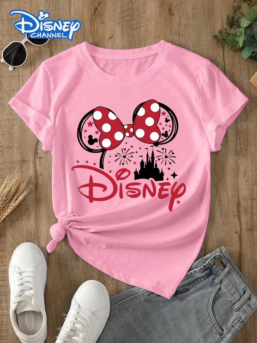 Disney Lady's T-Shirt, Featuring A Creative Cartoon Pattern Of The Disney Castle. Spring/Summer Style Women's Round-Neck T-Shirt. The Fabric Is Soft, Comfortable And Breathable, Suitable For Daily Wear, Shopping, Traveling, Parties, And When At Home. It Is Also Suitable As A Beautiful Gift. Every Lady Deserves To Own One. - 粉色 - 查看 1
