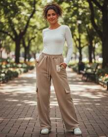 Girls' Plain Cargo Pants, Wide-Leg Style, Duna Brand, For Children. - Beis - Ver 1