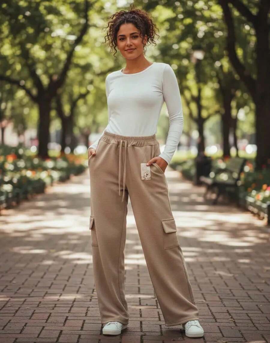 Girls' Plain Cargo Pants, Wide-Leg Style, Duna Brand, For Children. - Màu be - Xem 1