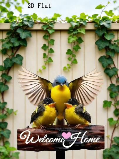 2D平面展示暖巢家居铁质地插，装饰挂件 - 母鸟与小鸟乡村风格铭牌，户外防风雨地插装饰，适用于花园农场、围栏和庭院，乔迁新居和家庭礼物